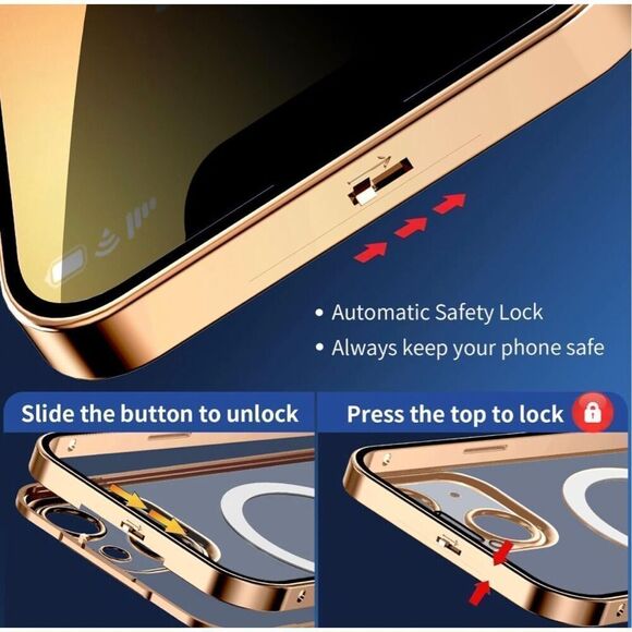 Privacy Case for iPhone 14 Slim Metal Plating Frame‎ Double-Sided Cover-Gold - Picture 2 of 4
